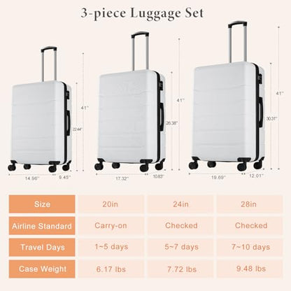 Sweetcrispy 3 Piece Luggage Set, Hard Shell ABS Travel Suitcase with Silent Spinner Wheels, TSA Combination Lock, Lightweight Rolling Suitcases for Business Trip Vacation, White, 20/24/28 Inch - color: White, size: 3-PCS Set (20/24/28 Inch)
