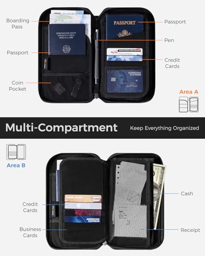 pack all Travel Passport Holder with RFID Blocker, Water-Resistant Passport Wallet with Wrist Strap, Multiple Family Airplane Document Organizer for Cards, Boarding Pass, ID, Cash, Tickets