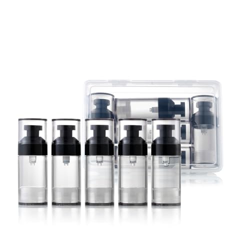 5 Pack 1oz / 30ml Airless Pump Bottles for Travel: Wide Caliber Vacuum Lotion Dispenser with Clear Organizer Case, Leakproof Refillable Cosmetic Containers for Skincare, Serum, Foundation - color: Black, size: 1oz/30ml