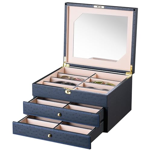 Luxury Sunglasses Organizer, 24 Slot Glasses Storage Box for Women Men, PU Leather Box for Eyeglass Display Case (Blue Ostrich skin PU) - color: Blue Ostrich skin PU
