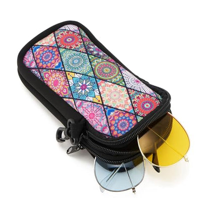 QIUTIMIY Sunglasses Soft Case Zipper Double Eyeglass Case with 2 Compartments 1 Belt Clip - color: Rhombic Mandala