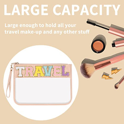 Iqimott Chenille Letter Clear Bag Travel Pouch, Monogram PVC & PU Makeup Cosmetic Bag Zipper Toiletry Pouch, Waterproof Portable Beach Snack Wristlet Bags for Women Girls(Travel, Pink) - color: Travel-NewPink
