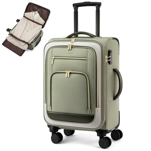 LOVEVOOK Carry on Luggage 22x14x9 Airline Approved with Garment Folder & Spinner Wheels, 22 Inch Large Rolling Carry-on Suitcase, Softside Lightweight Underseat Luggage for Women Travel Overnight, 49L - color: Green-beige, size: 22 Inch With Garment Compa
