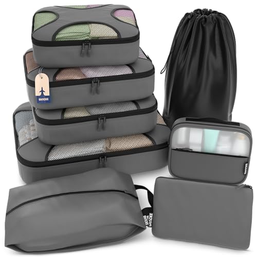 Shacke 8 Set Packing Cubes for Travel – Complete Luggage Organizer Set with Laundry, Shoe, Toiletry & Accessories Bag, Suitcase Travel Organizer (Dark Grey) - color: 8 Set - Dark Grey, size: Set of 8