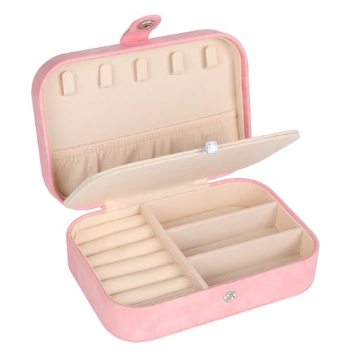 Hatori Travel Jewelry Box, PU Leather Small Jewelry Organizer for Women Girls, Double Layer Portable Mini Travel Case Display Storage Holder Boxes for Stud Earrings, Rings (Pink Beige) - color: Pink Beige