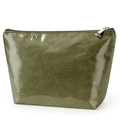 WLLWOO PVC Waterproof Makeup Bag Kraft Paper Cosmetic Bag Travel Toiletry Zipper Pouch Organizer for Women Purse - color: PVC-Olive Green
