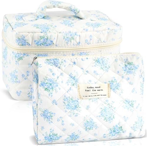 URSKYTOUS 2Pcs Cotton Quilted Makeup Bag for Women Girls Large Small Travel Floral Cosmetic Bags Set Cute Coquette Zipper Makeup Pouch for Purse Aesthetic Cloth Flower Storage Toiletry Bag Organizer - color: RJ 2PCS Pale Blue