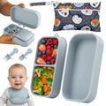 Baby Travel Essentials 6 Pc Silicone Feeding Set - Portable Toddler Plates with Suction, Baby Spoons & Foldable Bib in Carrying Case - BPA-Free Infant & Toddler Utensils for Airplanes & Eating Out - color: Gray