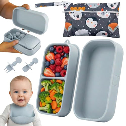 Baby Travel Essentials 6 Pc Silicone Feeding Set - Portable Toddler Plates with Suction, Baby Spoons & Foldable Bib in Carrying Case - BPA-Free Infant & Toddler Utensils for Airplanes & Eating Out - color: Gray