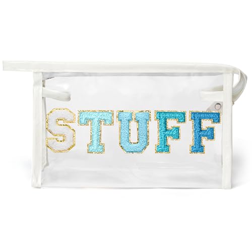 Y1tvei Clear STUFF Makeup Bag - Preppy Patch Blue Chenille Varsity Letter PVC Transparent Extra Large Cosmetic Pouch Portable Waterproof Travel Organizer Toiletry Compliant Bag for Women(White) - color: Blue STUFF White