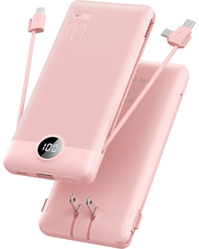 VRURC Portable Charger Built-in Cables and AC Wall Plug,USB C Power Bank 10000mAh, Travel Essentials Phone Charger Compact Lightweight External Battery Pack for Smart Phones, Tablets etc-Pink - color: Pink