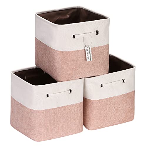 Sea Team 3-Pack Cubic Storage Basket Set, Storage Cube Organizer, Clothes Toys Bin, 11 x 11 x 11 Inches, Big Square Canvas Fabric Collapsible Shelf Box with Handles for Kids Room (Pale Blush/White) - color: Pale Blush/White, size: Small/11 x 11 x 11"