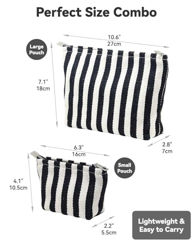 Travel Makeup Bag Set of 2, Preppy Striped Makeup Pouches for Purse, Jacquard Cosmetic Bags with Smooth Zipper Soft Lining, for Cosmetic Car Organizer, Daily, Gifts, Portable Large & Small Toiletrys - style: Striped Black Canvas
