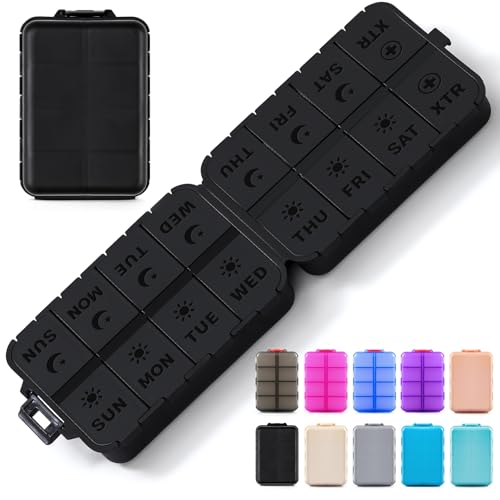 Foldable & Portable Pill Organizer 2 Times A Day with Extra Compartments - Etched Labels - Weekly 7 Day AM PM Medicine Box, Week Daily Travel Pill Case Holder Dispenser for Vitamin, Supplement - Black - color: Black, size: AM & PM & EXTRA