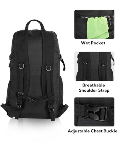 WATERFLY Lightweight Packable Hiking Backpack: 30L Foldable Travel Daypack Ultralight Camping Day Pack for Woman Man - color: Black