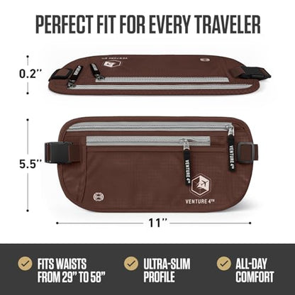 VENTURE 4TH Money Belt for Travel – Slim Hidden Under-Clothes RFID Blocking Anti-Theft Passport Holder & Travel Wallet Pouch for Men & Women to Protect Cash, Cards & Documents (Brown) - color: Brown