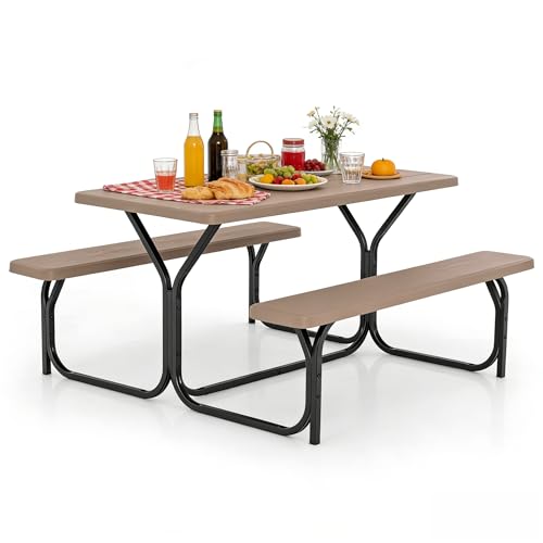 COSTWAY Outdoor Picnic Table, HDPE Plastic Picnic Table Bench Set with Weather Resistant Tabletop & Wood Texture, Ideal for Patio, Backyard (59" D x 54" W x 28.5" H,Brown) - color: Brown