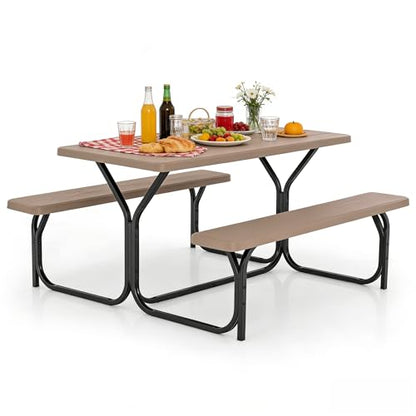 COSTWAY Outdoor Picnic Table, HDPE Plastic Picnic Table Bench Set with Weather Resistant Tabletop & Wood Texture, Ideal for Patio, Backyard (59" D x 54" W x 28.5" H,Brown) - color: Brown