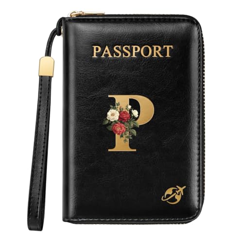Passport Holder for Travel Wallet Women Zipper Wallets Personalized Passport Holder Cover Initial Letter Rose Flower Passport Book Holders RFID Blocking Credit Card Holder, P - color: Black, size: P