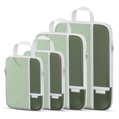 Percover Compression Packing Cubes for Travel, 4-Piece Structured Compression Organizer Set with Label Pockets for Carry-On & Checked Luggage, Green - color: Green, size: 4 Set
