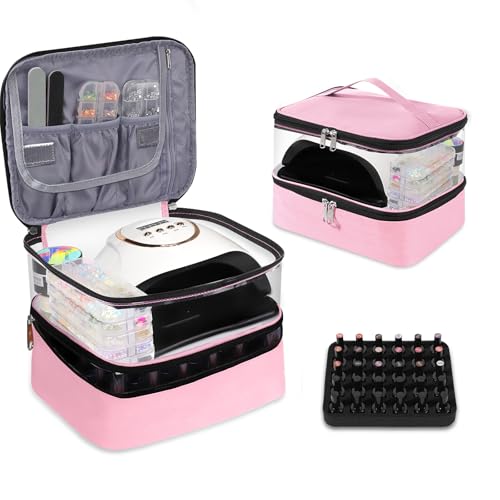Clear Nail Polish Organizer Double layer Nail Polish Holds 30 Bottles and Nail Lamp, Nail Dryer Case Storage Supplies with Adjustable Dividers, Portable Nail Carrying Bag for Nail Tech (Pink) - color: 4.Pink