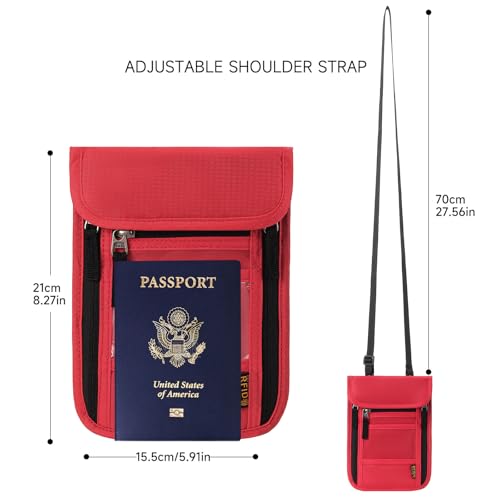 Passport Holder Neck Wallet RFID Blocking Passport Holder Multifunctional Document Organizer Travel Wallet for Men and Women - color: Bright Red