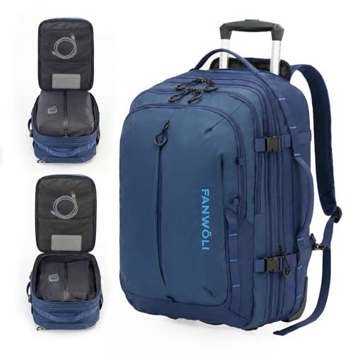 Fanwoli Rolling Vacuum Backpack Travel with One-Button Compression, 55L Expandable, Water Resistant Carry-On Suitcase Luggage, Ideal for Outdoor/Family/Trips - color: Blue