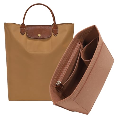 Purse Organizer Insert for Longchamp Le Pliage M Top Handle Tote Bag, Lighweight Premium Felt Long Champ Medium Tote Divider with Cup Holder,Bags Storage Shaper with 7 Deepened Pockets,M/Gold-brown - color: Gold-brown, size: M Tote Bag (Top Handle)