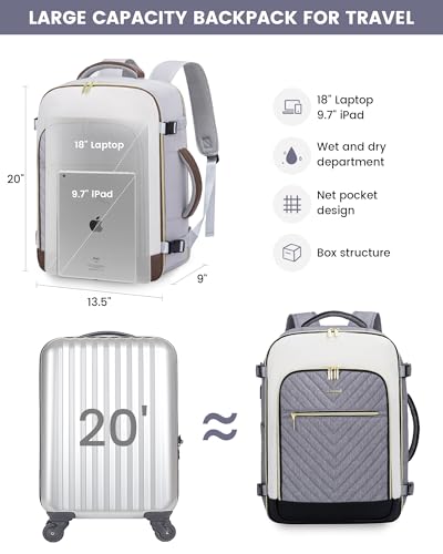 LOVEVOOK Large Travel Backpack for Women, 50L Carry on Backpack Airplane Approved, TSA Personal Item Travel Bag for Women fits 18" Laptop, Waterproof Carry on Bags for airplanes with 3 Packing Cubes - color: Grey - Beige - Black, size: 50L-4Pcs
