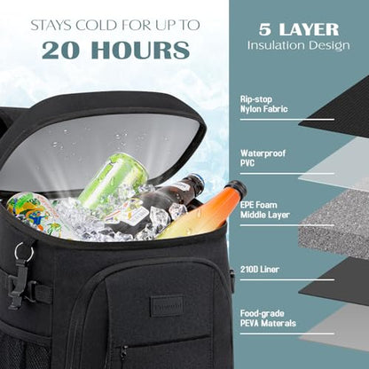 Tuwubi Cooler Backpack 35/42 Cans, Backpack Coolers Insulated Leak Proof for Men Women, Waterproof Soft Sided Lunch Camping Beach Travel Ice Chest Backpack Cooler Bag - color: Black, size: Large