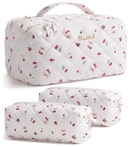 Travel Makeup Bag, 3 Pcs Large Capacity Puffy Toiletry Bag for Women, Open Flat Quilted Make up Cosmetic Organizer w/Handle & Clear Divider Water-resistant Portable Pouch Travel Essentials, L-Cherry - color: Cherry, size: large