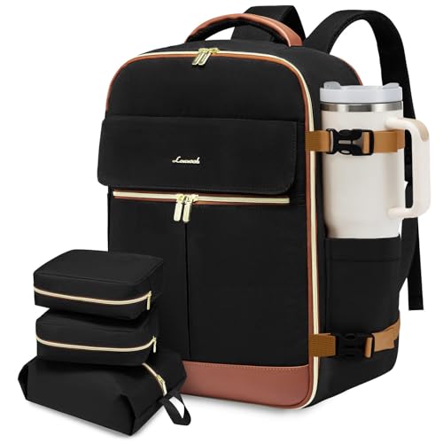 LOVEVOOK Carry On Backpack, 40L Travel Backpack Women with 3 Packing Cubes, TSA Airline Approved Suitcase Bag as Personal Item, Waterproof 17.3 inch Laptop Backpack for Weekender Overnight,Black-Brown - color: Black-brown, size: 40L-17.3 Inch-4Pcs