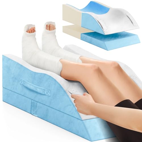 Double Leg Elevation Pillows, Wedge Pillow for After Surgery, Memory Foam Support Adjustable, Comfort Care for Back Knee Hip Ankles Pain, Knee Pillow for Sleeping Blood Circulation Light Blue & White - color: Light Blue & White, size: Double Leg