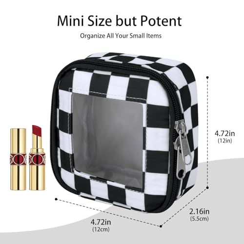 DOB SECHS Mini Checkered Bag for Purse 5.1'' x 5.1'' Small Makeup Bag for Car Cute Clear Cosmetic Bags with Zippers, Tiny Toiletry Bag Lipstick Pouch Organizer Case Travel Essentials Storage Pouches - color: Black+White Checkered