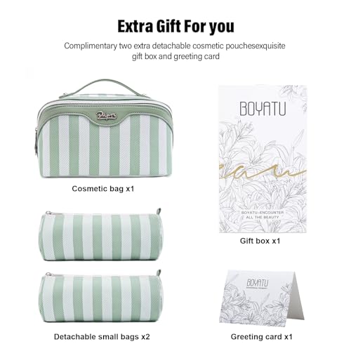 BOYATU Travel Makeup Bag Cosmetic Bag for Women: 3 Pcs Set Striped Make up Bag with Compartments - Waterproof Vegan Leather Toiletry Bag with Handle - Makeup Organizer for Travel Essentials(A-2-Green) - color: A-2-Green
