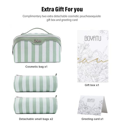BOYATU Travel Makeup Bag Cosmetic Bag for Women: 3 Pcs Set Striped Make up Bag with Compartments - Waterproof Vegan Leather Toiletry Bag with Handle - Makeup Organizer for Travel Essentials(A-2-Green) - color: A-2-Green