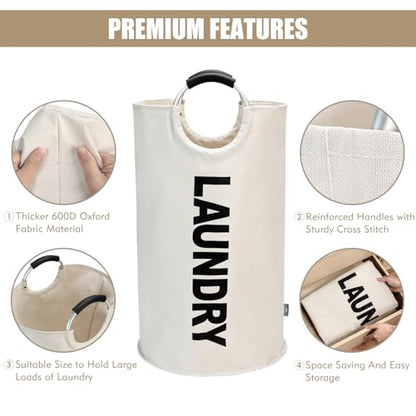 DOKEHOM 90L Large Laundry Basket, Collapsible Laundry Bag, Freestanding Tall Clothes Hamper, Foldable Washing Bin (Beige) - color: Beige, size: 90L