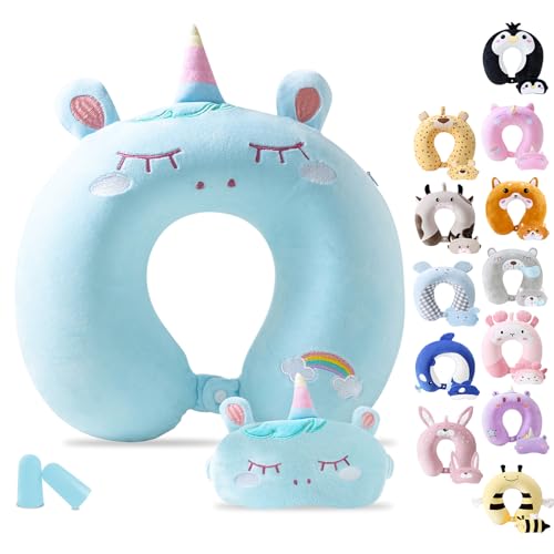 Cirorld Travel Pillow for Kids Adult Cute Neck Pillow for Traveling Memory Foam Airplane Pillow Sleep Mask Animal Flight Pillow Head Rest Neck Support for Cars Long Flights (Blue, 9-12 Y/O) - color: Blue, size: 9-12 Y/O