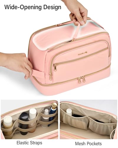 Hanke Travel Toiletry Bag, Lightweight Wide-open Makeup Bag, Dual-Layer Travel Bag for Toiletries Water-Resistant Cosmetic Bags Large Toiletry Bags for Women & Men, Travel Essentials, Pink - color: Pink