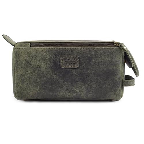 LEATHER VILLAGE Genuine Leather Travel Toiletry Bag - Water-Resistant Dopp Kit for Toiletries, Large Shaving Bag & Bathroom Organizer - Gift for Men & Women - Olive - color: Olive