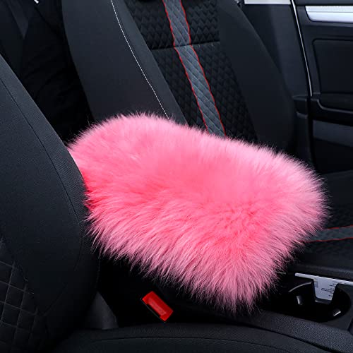 Frienda Furry Armrest Cover Auto Center Console Cover Car Soft Console Pad, Real Sheepskin Wool Soft Fluffy Auto Center Armrest Pad for Most Car Decoration Protector(Pink) - color: Pink