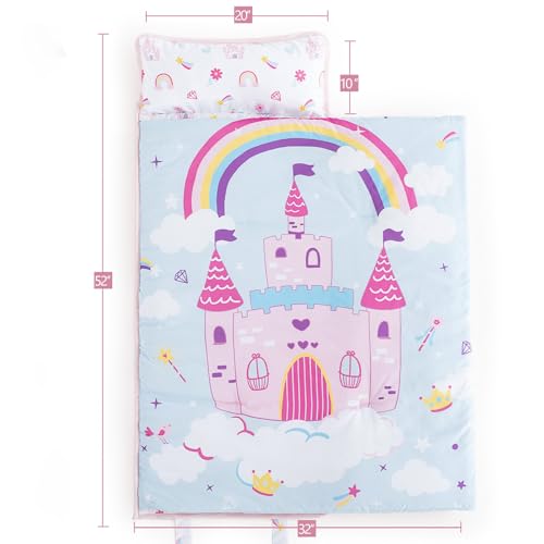 PHF Soft Toddler Nap Mat with Removable Pillow, Rollup Design Kids Sleeping Mat, Slumber Bags for Girls, 50"x20" Toddler Sleeping Bag for Daycare Preschool Travel Camping, Castle - color: Castle