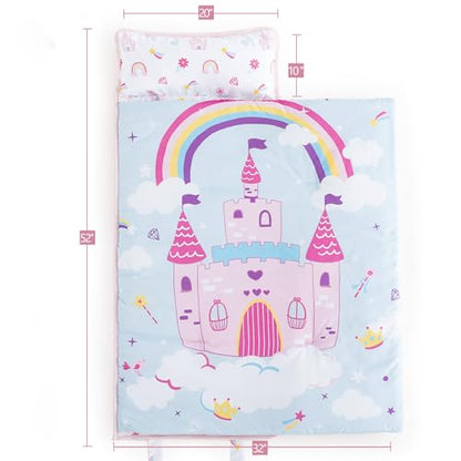 PHF Soft Toddler Nap Mat with Removable Pillow, Rollup Design Kids Sleeping Mat, Slumber Bags for Girls, 50"x20" Toddler Sleeping Bag for Daycare Preschool Travel Camping, Castle - color: Castle