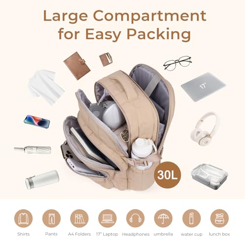 CLUCI 17.3 Inch Laptop Backpack for Women, Anti Theft Travel Backpack, Puffer Quilted Work Backpack, Water Resistant College Bookbag, Carry on backpack with RFID (Khaki) - color: Khaki