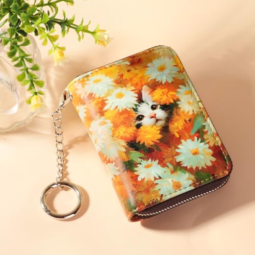 FurArt Zipper Wallet Women, RFID Blocking Credit Card Wallet, Business Card Holder, Compact Size KeyChain Wallet - color: Daisies and Cat