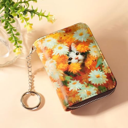 FurArt Zipper Wallet Women, RFID Blocking Credit Card Wallet, Business Card Holder, Compact Size KeyChain Wallet - color: Daisies and Cat