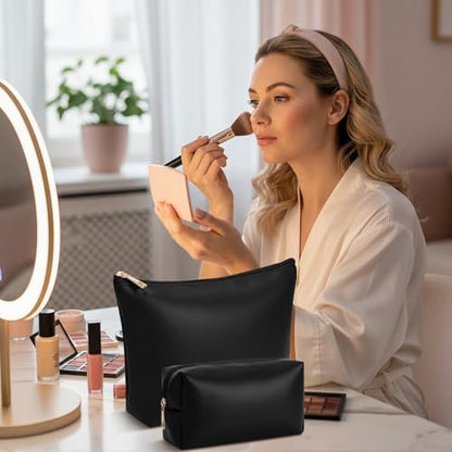 Kigeli 2 Pcs PU Leather Makeup Bag Set for Women Waterproof Aesthetic Cosmetic Bag Large & Small Travel Toiletry Organizer Pouch Skincare Organizer Bridesmaid Mother's Day Birthday Gift(Black) - color: Black