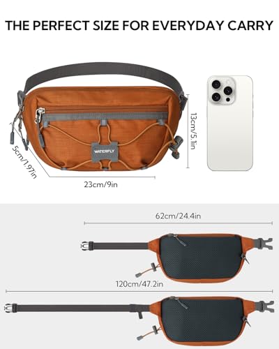 WATERFLY Lightweight Small Fanny Pack: 1.5L Mini Slim Crossbody Waist Belt Hip Bag with RFID Blocking, Anti-Theft & Water Resistant Pouch for Women Men Travel Hiking Running Walking EDC - color: Brown