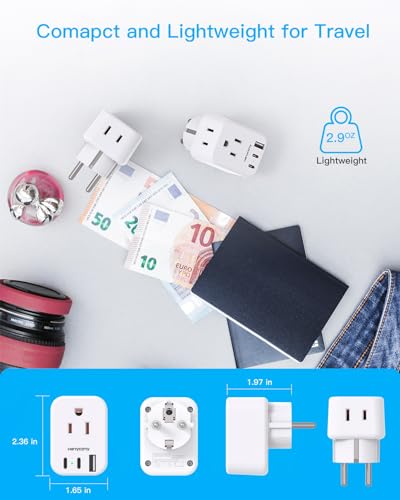 HANYCONY Type E F Plug Adapter, Germany France Travel Plug Adapter with 2 Outlets 3 USB Ports(2 USB C)，Schuko Plug Power Adaptor for US to Europe EU Spain Iceland Korea Greece German French - style: Type E/F - Germany France