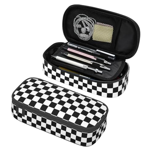 Perinsto Black And White Checkered Pencil Case Big Capacity Multi Compartment Stationery Box Racing Checkerboard Pencil Pouch Holder Desk Organizer For School Office Home - color: Black And White Checkered